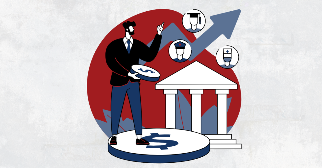 A cartoon image of a man holding a coin in front of a courthouse. An arrow indicating an undetermined financial metric zigzags up and down, surrounded by icons representing different careers.